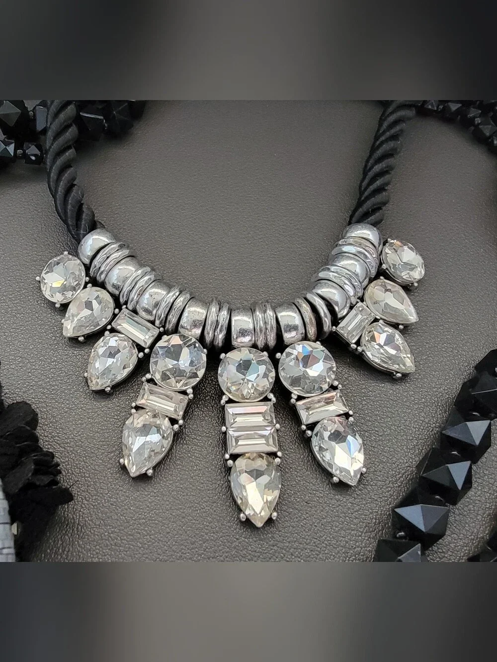 3 Pc Black Statement Jewelry Bundle Crystal Bib Nk, Faceted Bead Nk, Memory Wire